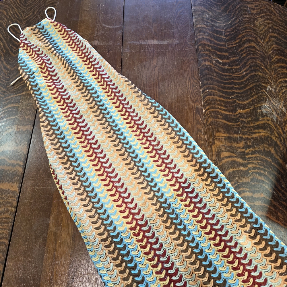 Cider Multicolor Crochet Maxi Dress — Blue, Tan, Brown, Red